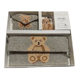 Rachel Zoe Beaded Teddy Bear Clutch Set Card Case Charm Silver NWT